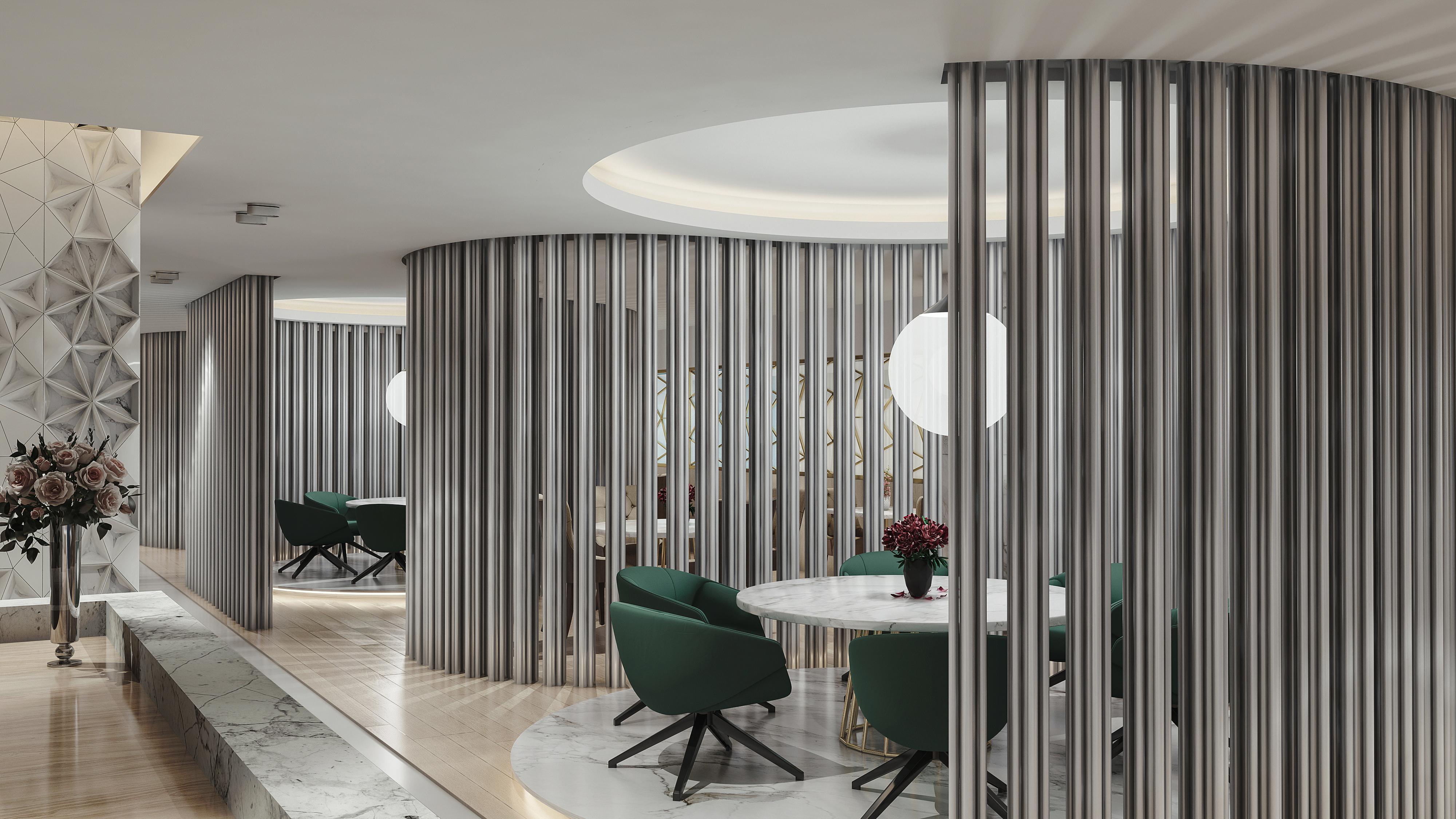 Steigenberger Hotel Doha Exterior photo The photo shows an interior space featuring a modern design. There are several green chairs arranged around a circular table. The walls are adorned with vertical metal slats, creating a stylish partition. A round light fixture hangs from the ceiling,